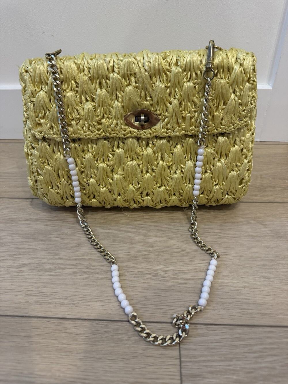 Vtg Gaymode Handbag Purse Raffia Straw Bamboo Yellow Lined Japan
